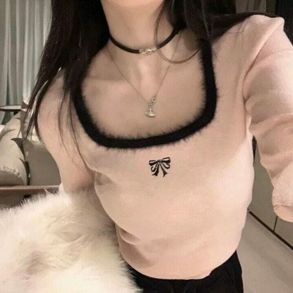 Y2K Delphine Bow Embroidered Streetwear Long Sleeve Top