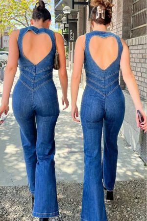 Y2K Denim Backless Heart Cutout Jumpsuit | Sleeveless Zipper One-Piece Casual Outfit