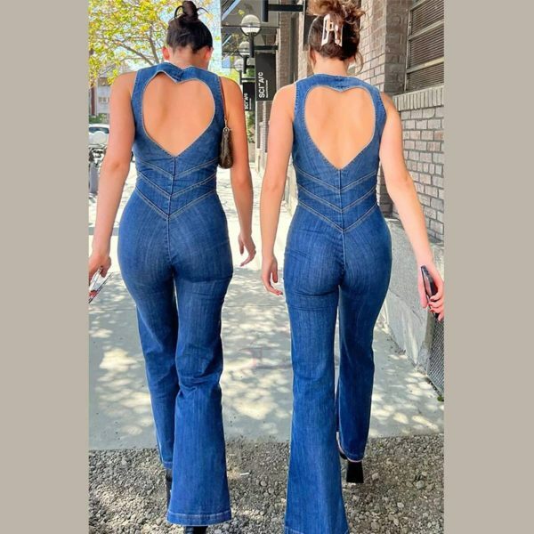 Y2K Denim Backless Heart Cutout Jumpsuit | Sleeveless Zipper One-Piece Casual Outfit