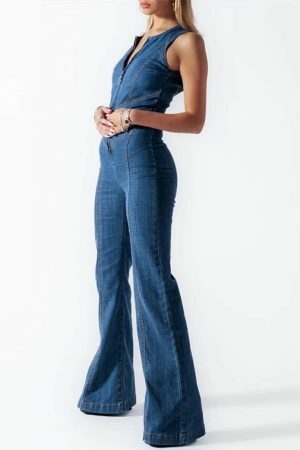 Y2K Denim Backless Heart Cutout Jumpsuit | Sleeveless Zipper One-Piece Casual Outfit