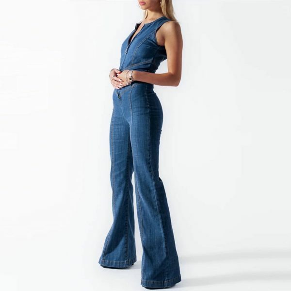 Y2K Denim Backless Heart Cutout Jumpsuit | Sleeveless Zipper One-Piece Casual Outfit