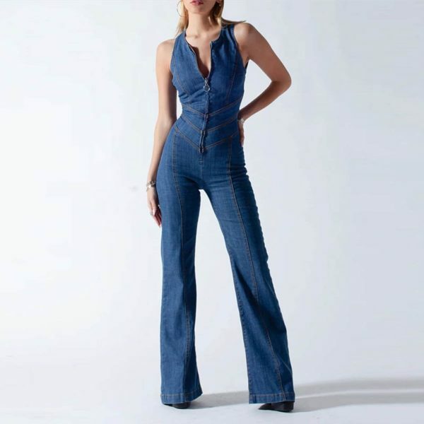 Y2K Denim Backless Heart Cutout Jumpsuit | Sleeveless Zipper One-Piece Casual Outfit