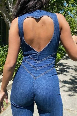 Y2K Denim Backless Heart Cutout Jumpsuit | Sleeveless Zipper One-Piece Casual Outfit