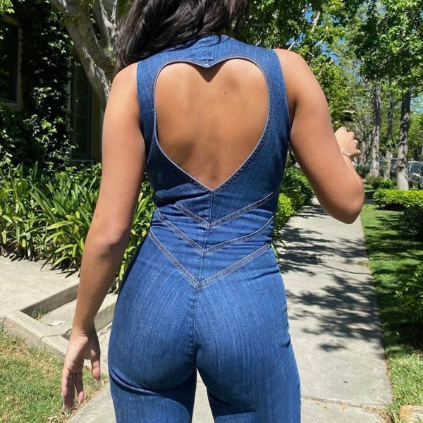 Y2K Denim Backless Heart Cutout Jumpsuit | Sleeveless Zipper One-Piece Casual Outfit