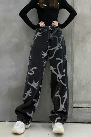 Y2K Denim Wide Leg Skeleton Pants Streetwear Grunge Gothic Fashion