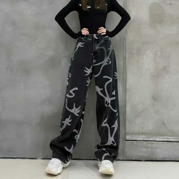 Y2K Denim Wide Leg Skeleton Pants Streetwear Grunge Gothic Fashion