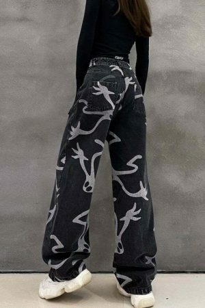 Y2K Denim Wide Leg Skeleton Pants Streetwear Grunge Gothic Fashion