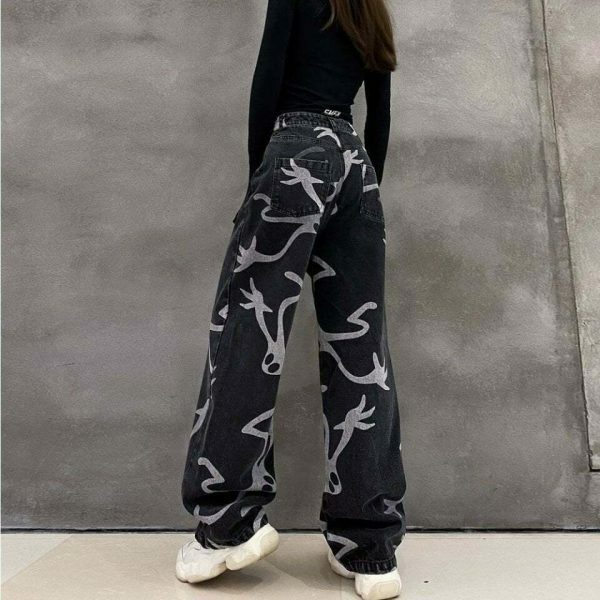 Y2K Denim Wide Leg Skeleton Pants Streetwear Grunge Gothic Fashion