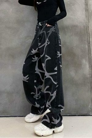 Y2K Denim Wide Leg Skeleton Pants Streetwear Grunge Gothic Fashion