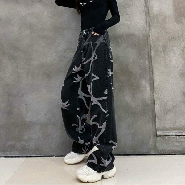 Y2K Denim Wide Leg Skeleton Pants Streetwear Grunge Gothic Fashion