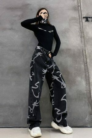 Y2K Denim Wide Leg Skeleton Pants Streetwear Grunge Gothic Fashion