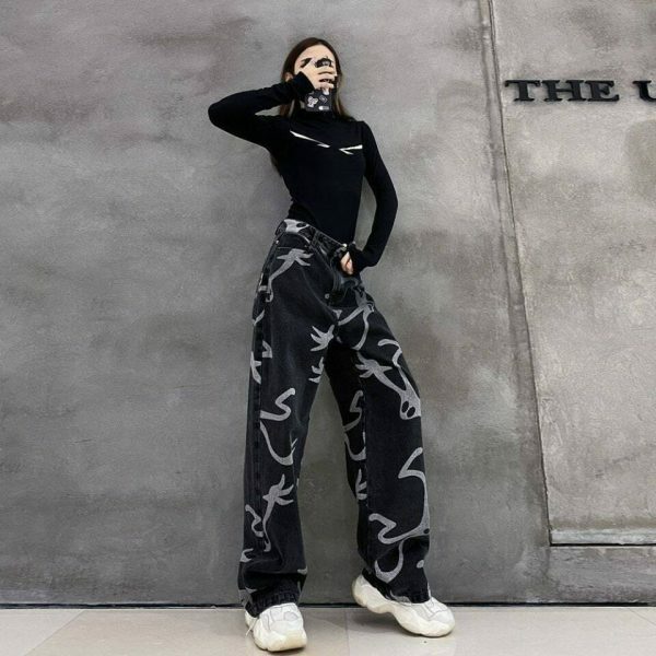 Y2K Denim Wide Leg Skeleton Pants Streetwear Grunge Gothic Fashion