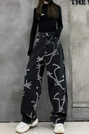 Y2K Denim Wide Leg Skeleton Pants Streetwear Grunge Gothic Fashion