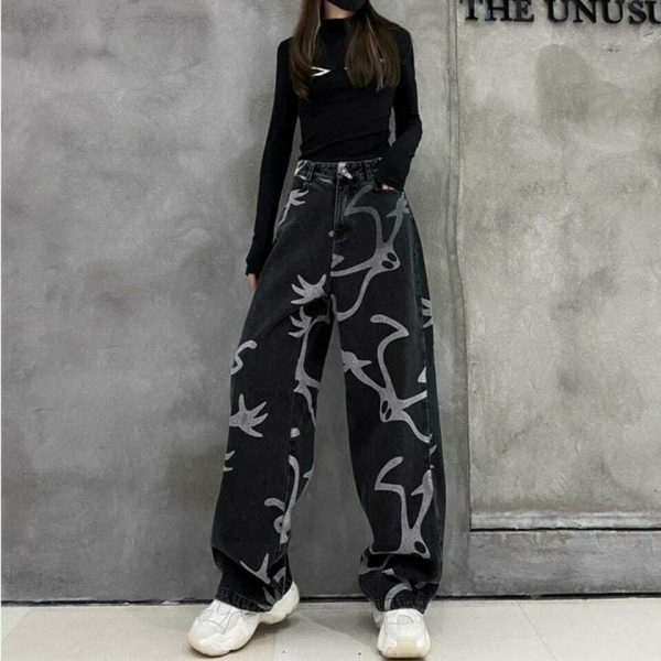 Y2K Denim Wide Leg Skeleton Pants Streetwear Grunge Gothic Fashion