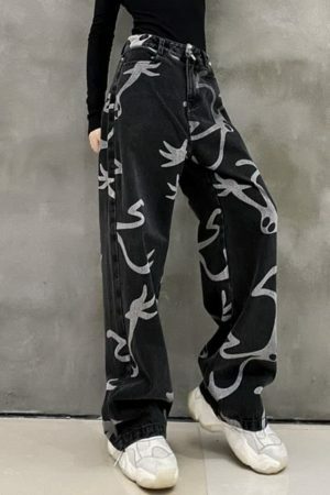 Y2K Denim Wide Leg Skeleton Pants Streetwear Grunge Gothic Fashion