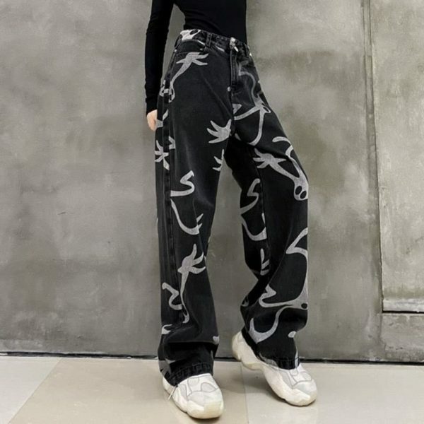 Y2K Denim Wide Leg Skeleton Pants Streetwear Grunge Gothic Fashion