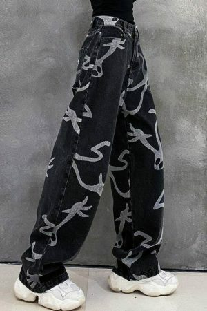 Y2K Denim Wide Leg Skeleton Pants Streetwear Grunge Gothic Fashion