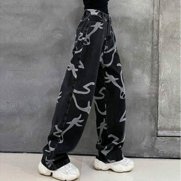 Y2K Denim Wide Leg Skeleton Pants Streetwear Grunge Gothic Fashion