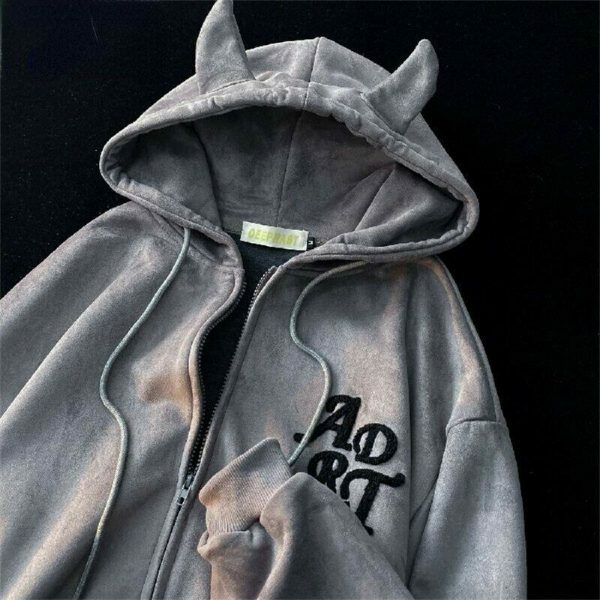 Y2K Devil Ear Embroidered Zip-Up Hoodie for Women - Streetwear Fashion