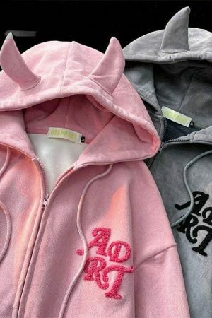 Y2K Devil Ear Embroidered Zip-Up Hoodie for Women - Streetwear Fashion