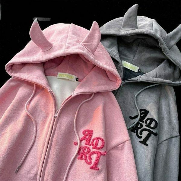 Y2K Devil Ear Embroidered Zip-Up Hoodie for Women - Streetwear Fashion