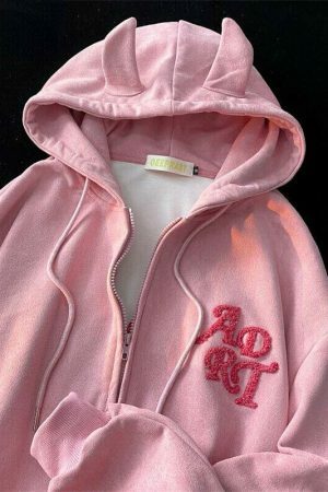 Y2K Devil Ear Embroidered Zip-Up Hoodie for Women - Streetwear Fashion