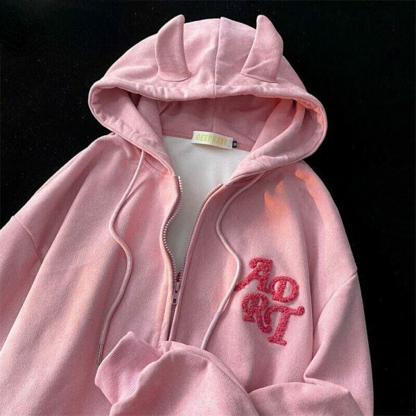 Y2K Devil Ear Embroidered Zip-Up Hoodie for Women - Streetwear Fashion