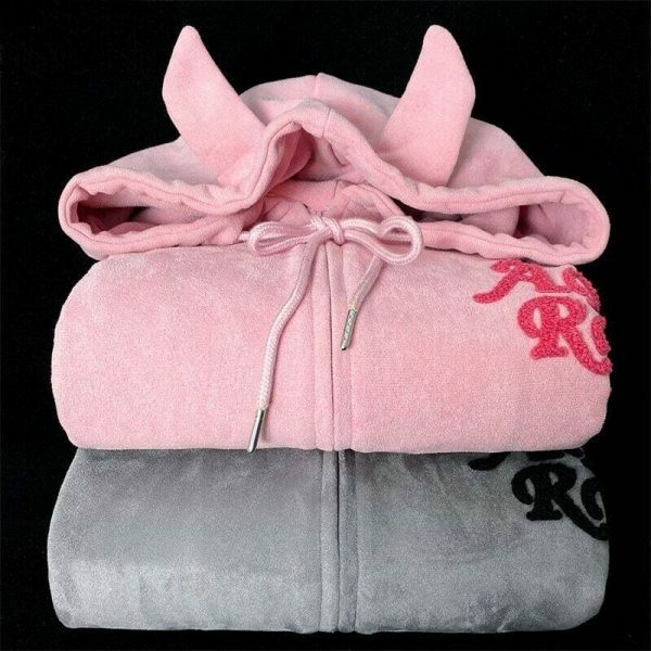 Y2K Devil Ear Embroidered Zip-Up Hoodie for Women - Streetwear Fashion