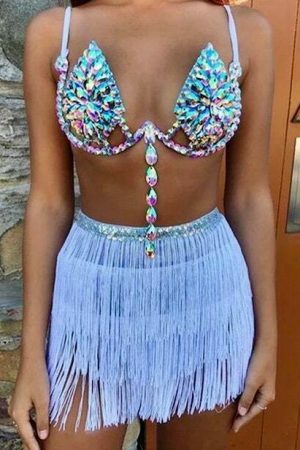 Y2K Diamond Gem Bikini Set with Tassel Skirt - Streetwear Matching Outfit