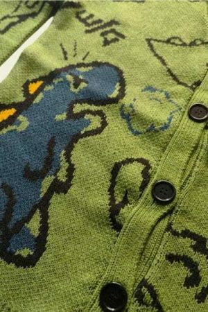 Y2K Dinosaur Knitted Cardigan, Harajuku T-Rex Cartoon Pullover