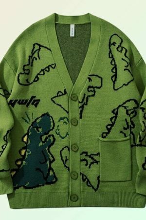 Y2K Dinosaur Knitted Cardigan, Harajuku T-Rex Cartoon Pullover