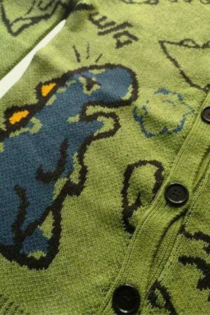 Y2K Dinosaur Knitted Cardigan, Harajuku T-Rex Cartoon Pullover