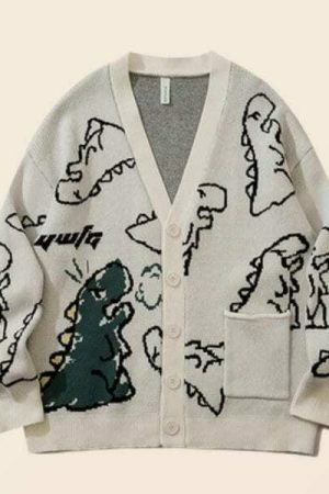 Y2K Dinosaur Knitted Cardigan, Harajuku T-Rex Cartoon Pullover