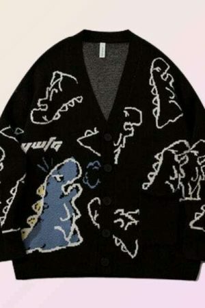 Y2K Dinosaur Knitted Cardigan, Harajuku T-Rex Cartoon Pullover