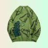 Y2K Dinosaur Print Embroidered Sweater - Streetwear Aesthetic