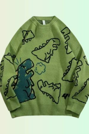 Y2K Dinosaur Print Embroidered Sweater - Streetwear Aesthetic