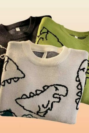 Y2K Dinosaur Print Embroidered Sweater - Streetwear Aesthetic