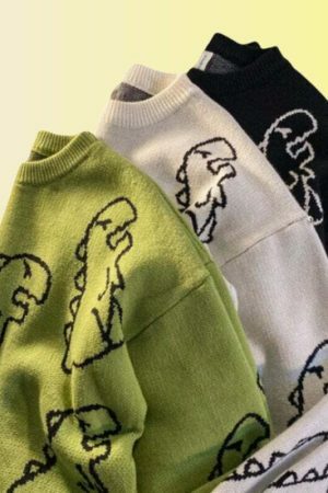 Y2K Dinosaur Print Embroidered Sweater - Streetwear Aesthetic