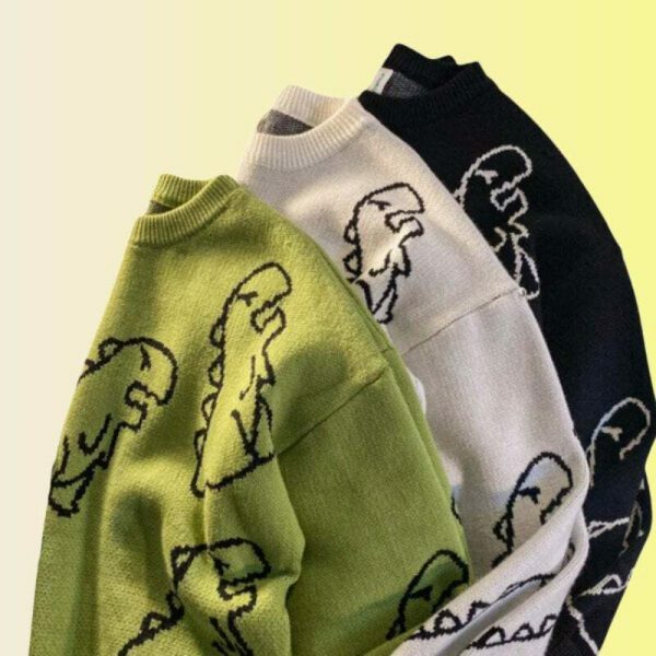 Y2K Dinosaur Print Embroidered Sweater - Streetwear Aesthetic