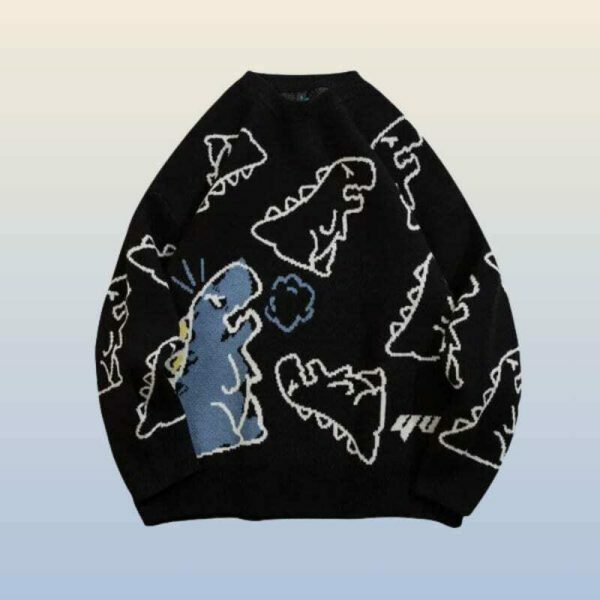 Y2K Dinosaur Print Embroidered Sweater - Streetwear Aesthetic