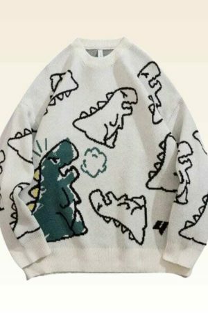 Y2K Dinosaur Print Embroidered Sweater - Streetwear Aesthetic