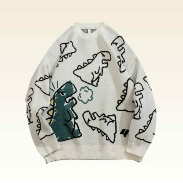 Y2K Dinosaur Print Embroidered Sweater - Streetwear Aesthetic