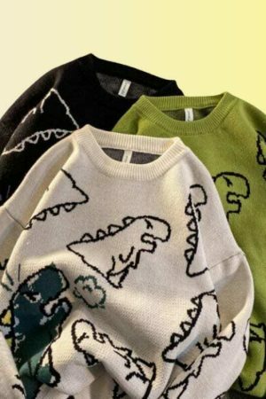 Y2K Dinosaur Print Embroidered Sweater - Streetwear Aesthetic