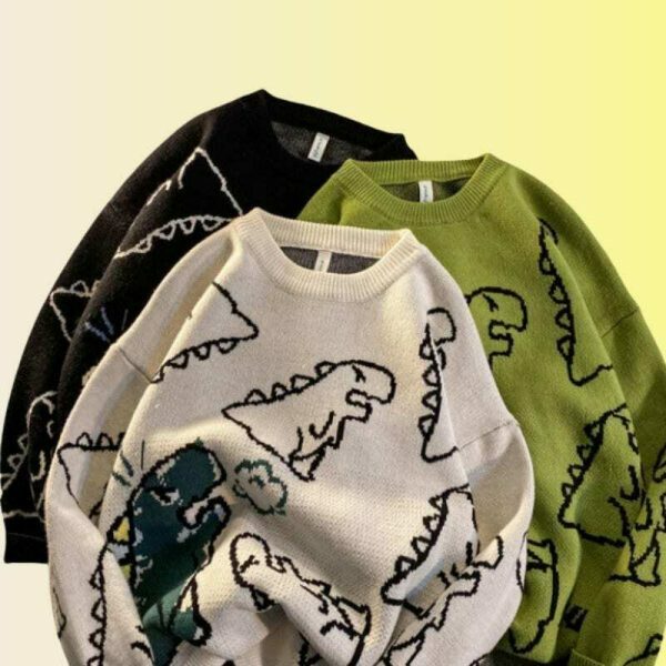 Y2K Dinosaur Print Embroidered Sweater - Streetwear Aesthetic