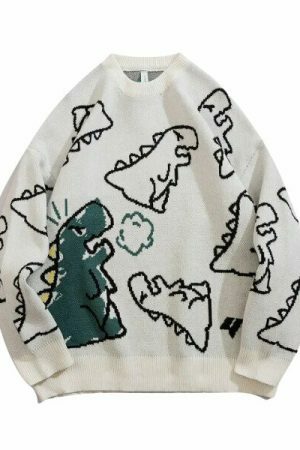 Y2K Dinosaur Print Knit Sweater - Streetwear Harajuku Aesthetic