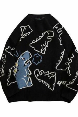 Y2K Dinosaur Print Knit Sweater - Streetwear Harajuku Aesthetic