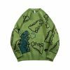 Y2K Dinosaur Print Knit Sweater - Streetwear Harajuku Aesthetic