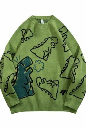 Y2K Dinosaur Print Knit Sweater - Streetwear Harajuku Aesthetic