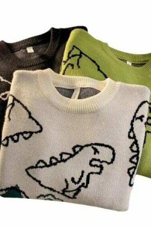 Y2K Dinosaur Print Knit Sweater - Streetwear Harajuku Aesthetic