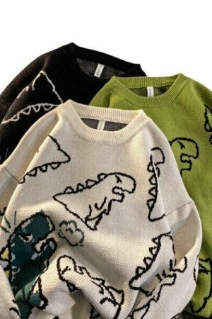 Y2K Dinosaur Print Knit Sweater - Streetwear Harajuku Aesthetic